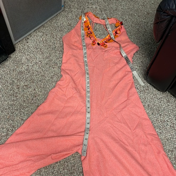 Vintage 70s poly ultra wide leg bell bottom jumpsuit with metallic disc neck - Picture 7 of 13